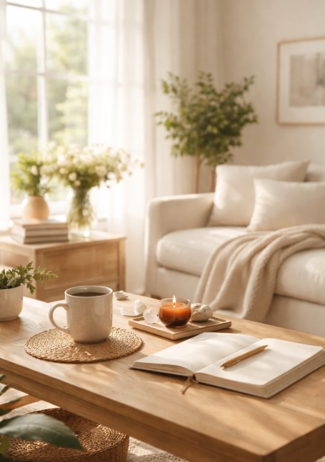 Serene home environment – soft natural light, uncluttered, a cozy corner with plants, a journal, or a cup of tea